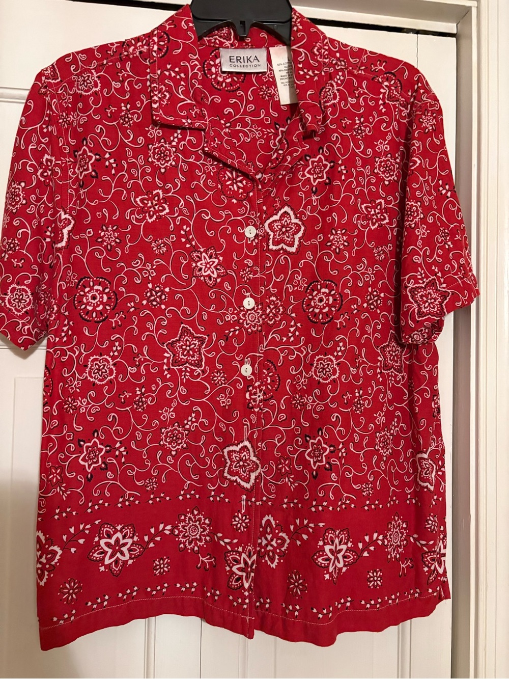 Erika Red Short-Sleeve Floral Print Button-Down Shirt